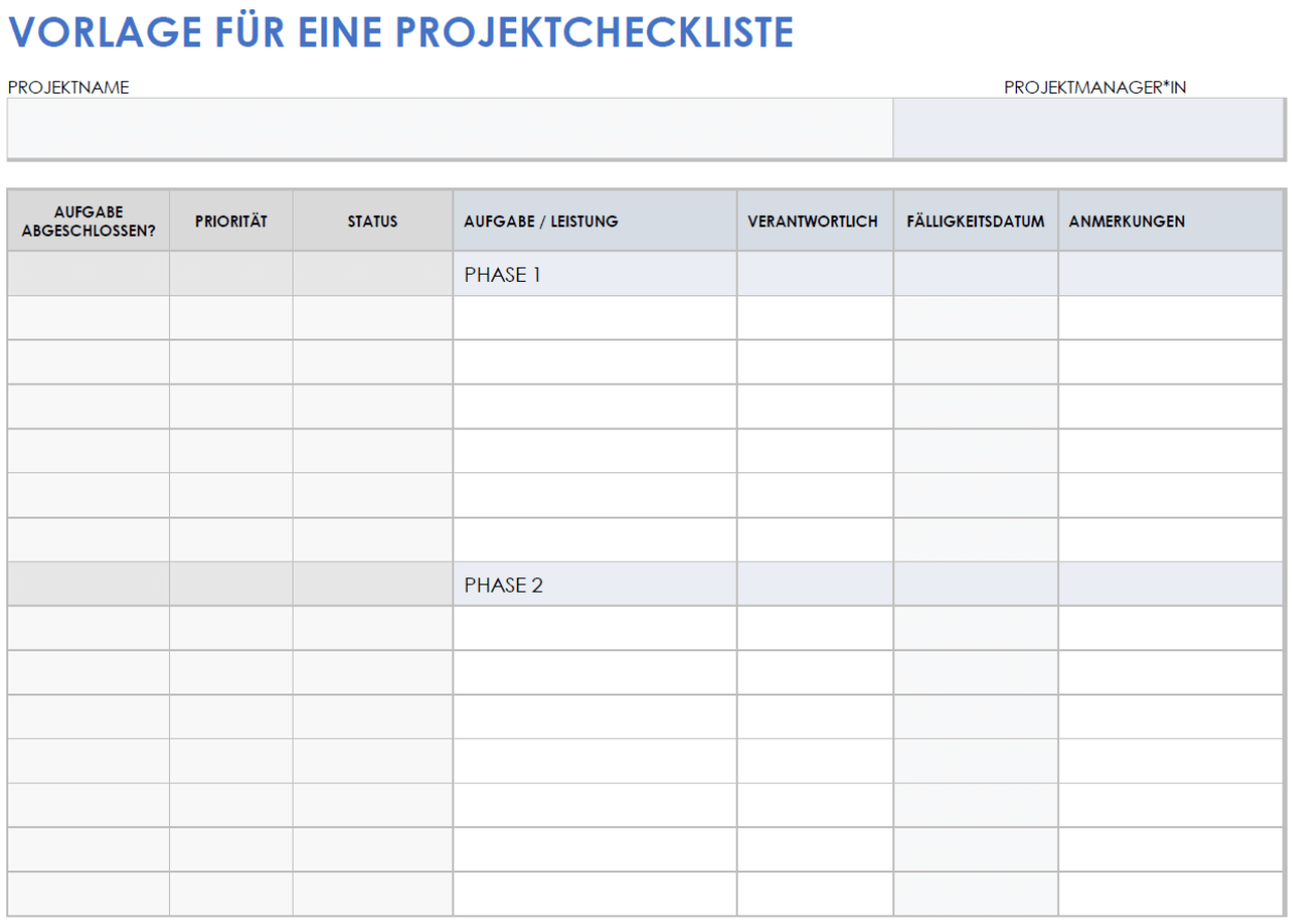  Vorlage für eine Projekt Checkliste