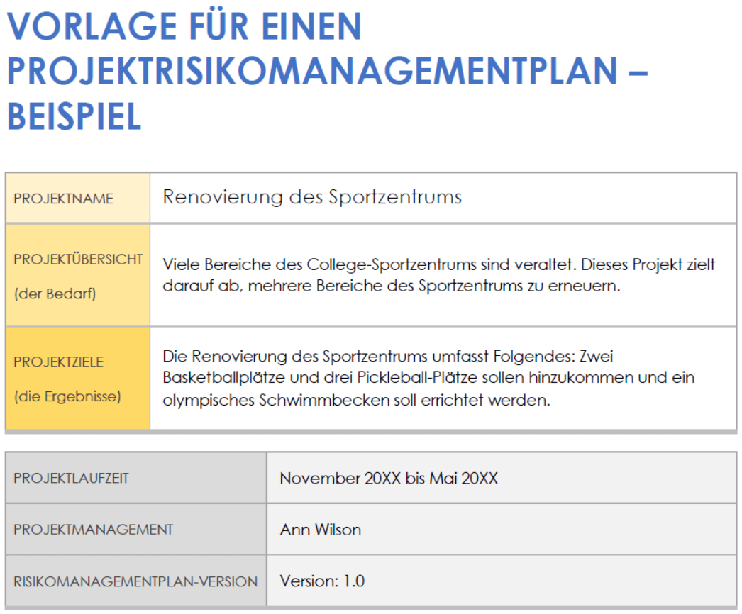  Projektrisikomanagementplan  Beispiel einer Vorlage