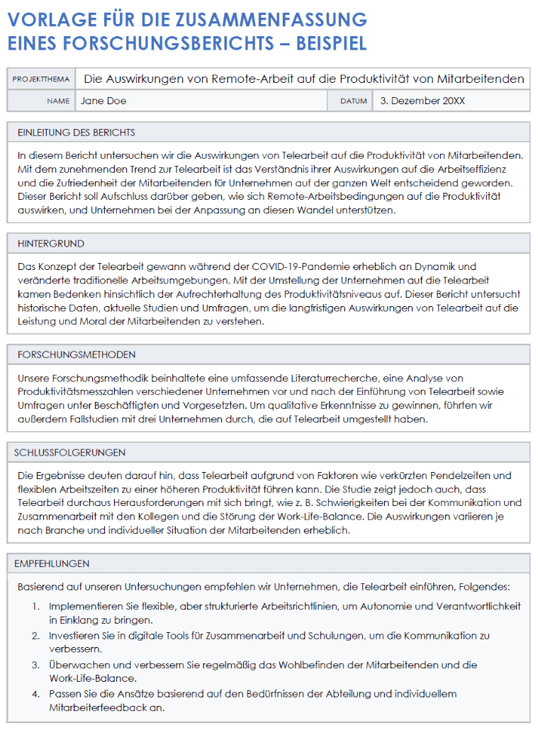  Beispiel für eine Vorlage für eine Zusammenfassung eines Forschungsberichts