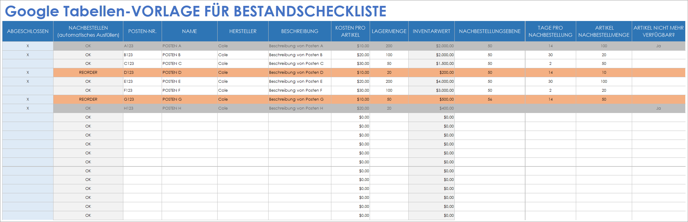  Vorlage für eine Inventar Checkliste für Google Sheets