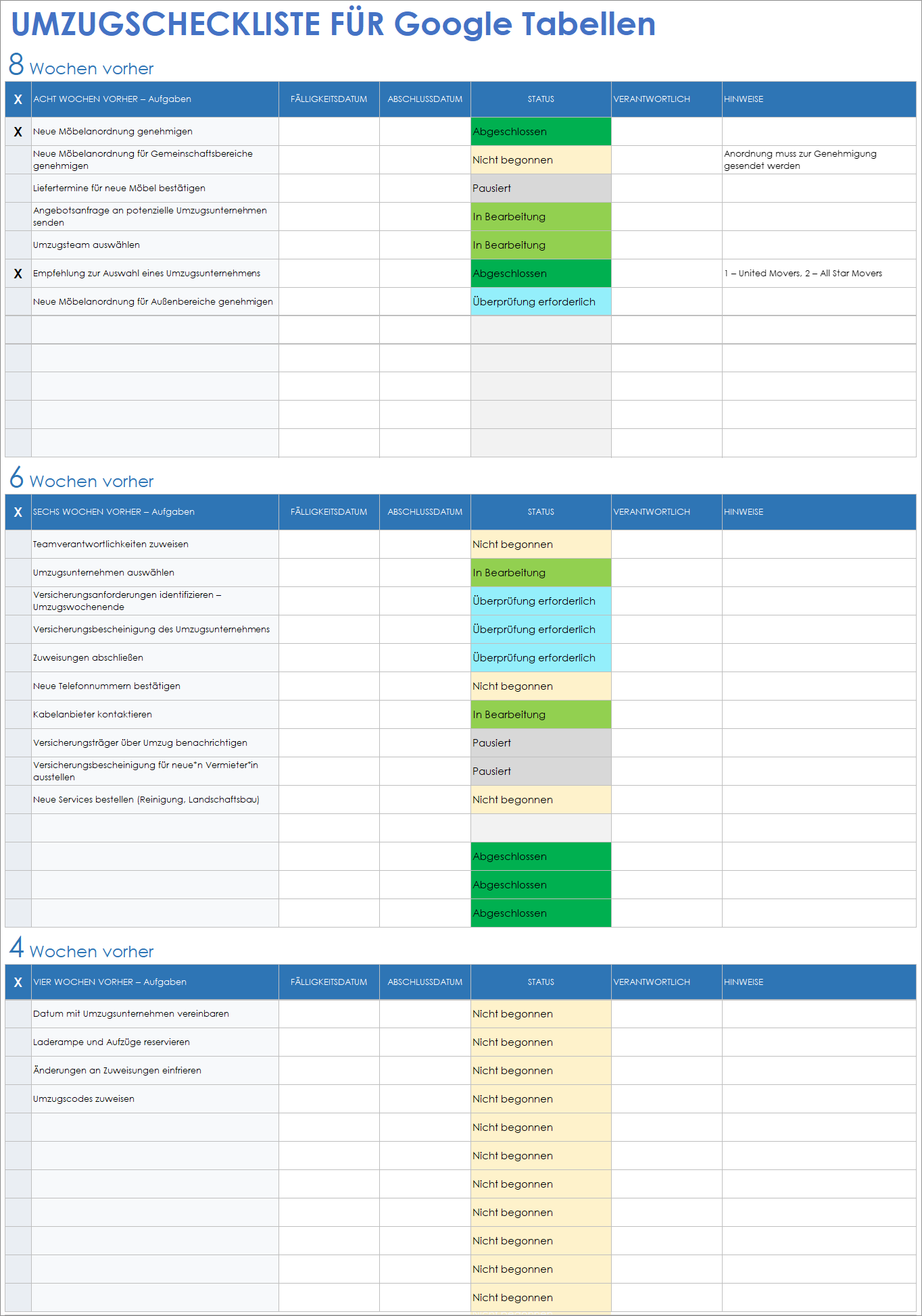  Umzugs Checklistenvorlage für Google Sheets