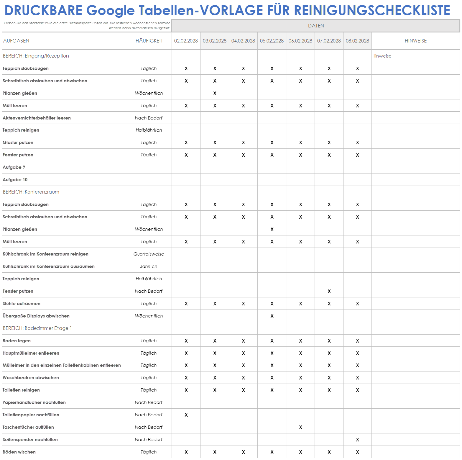  Druckbare Reinigungs Checklisten Vorlage für Google Sheets