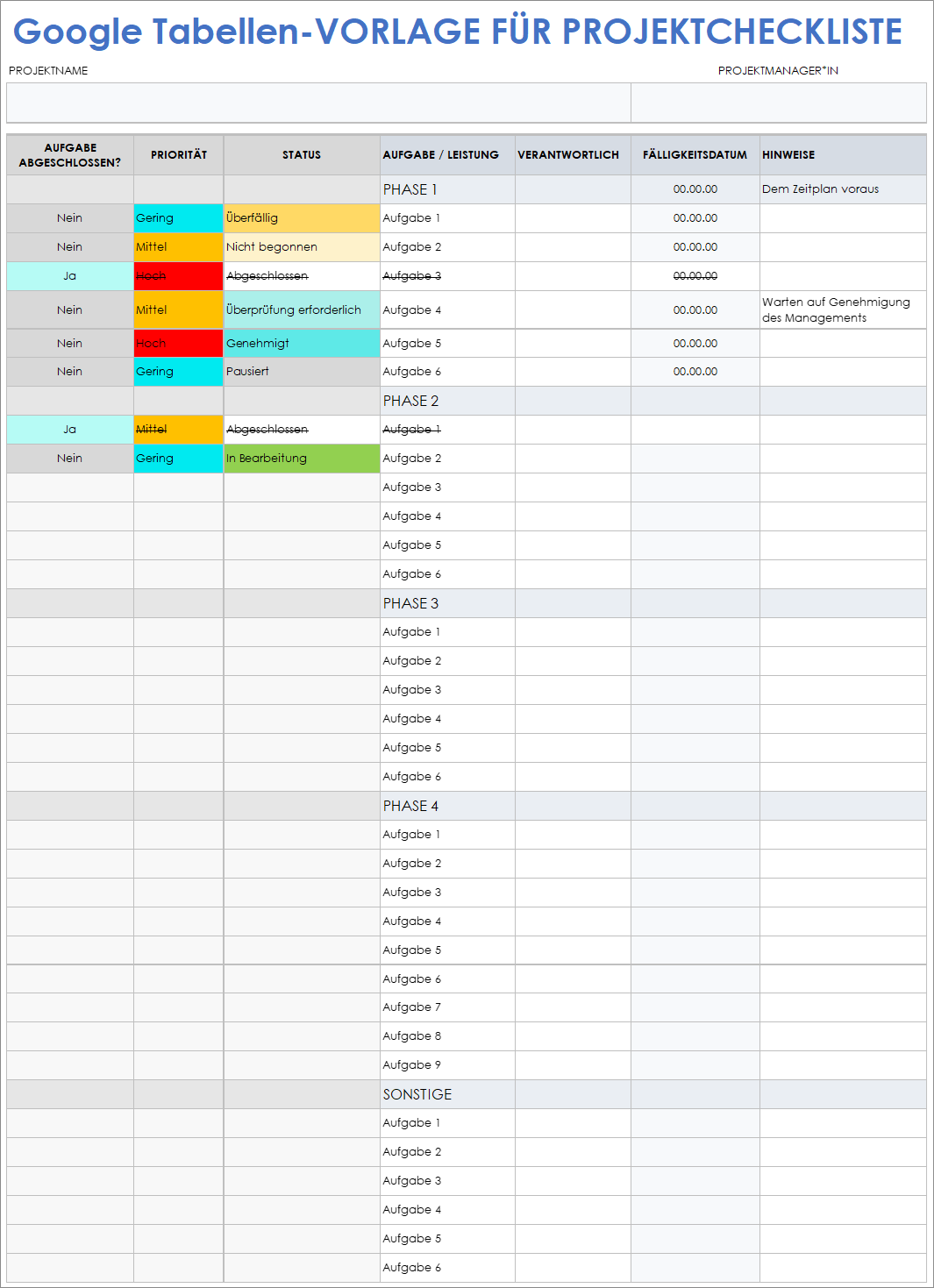  Projekt Checklistenvorlage für Google Sheets