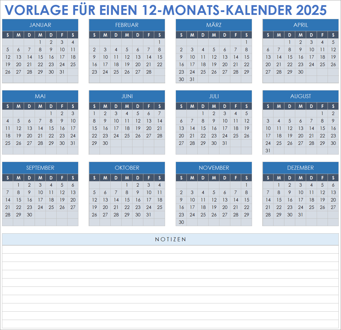 Vorlage für einen 12-Monatskalender für 2025