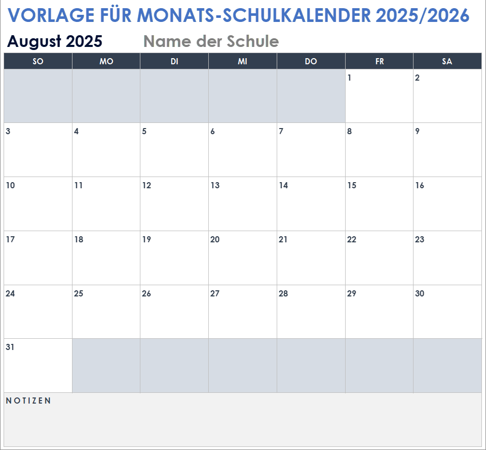 Vorlage für einen Monats-Schulkalender 2025/2026