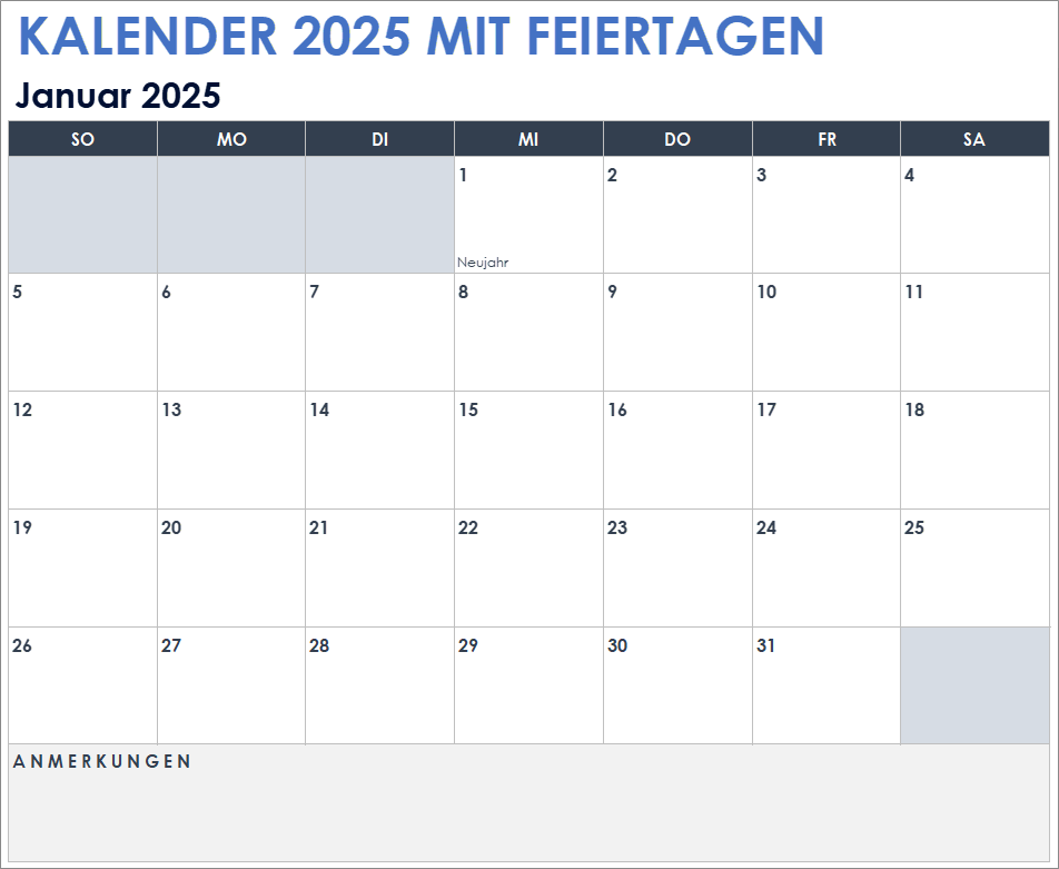 Kalender für 2025 (mit Feiertagen)