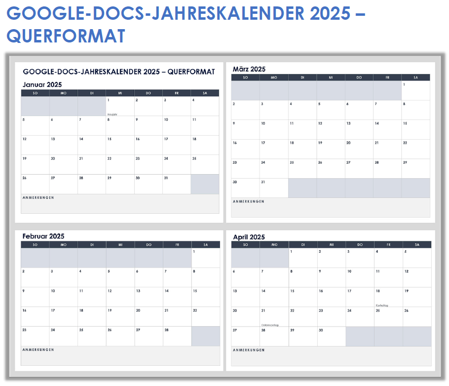 Google-Tabellen-Jahreskalender für 2025 (Querformat)