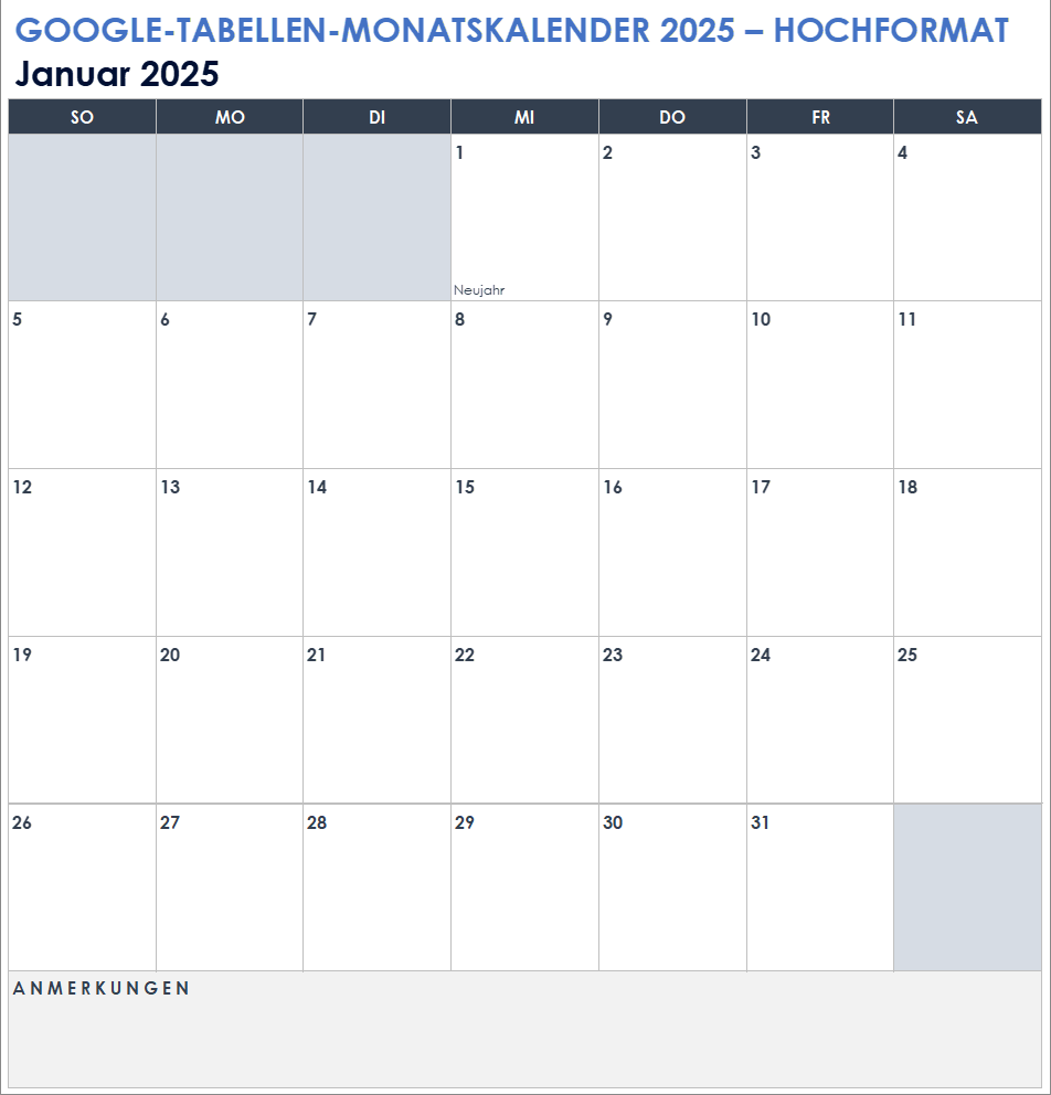 Google-Tabellen-Monatskalender für 2025 (Hochformat)