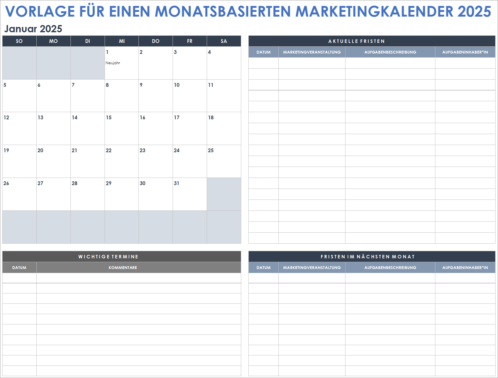 Vorlage für einen monatsbasierten Marketingkalender 2025