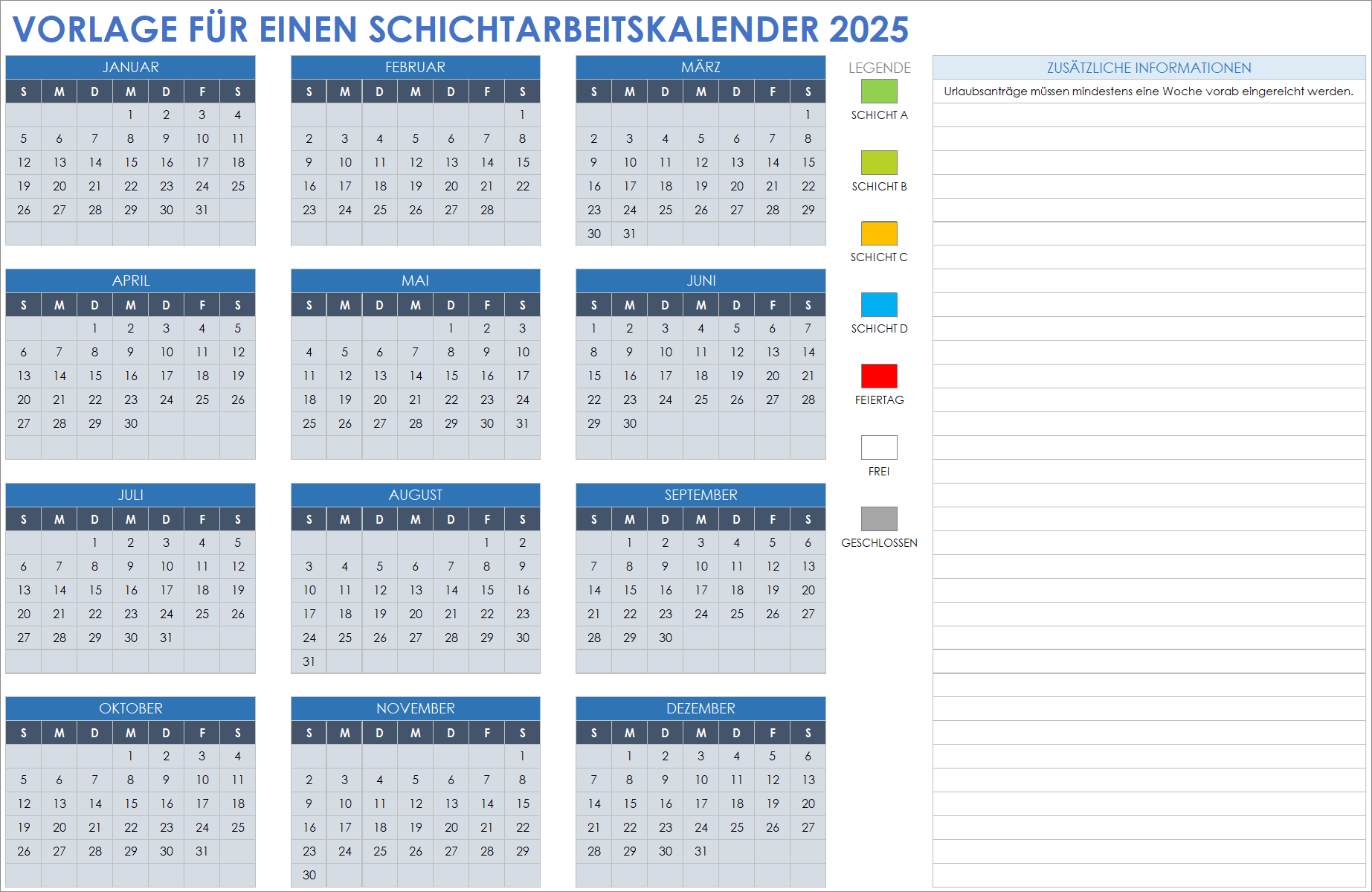 Monatlicher Schichtarbeitskalender für 2025