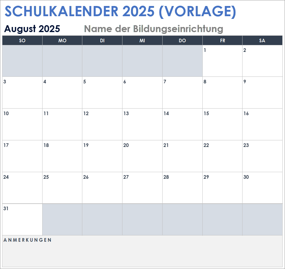 Vorlage für einen Schulkalender für 2025