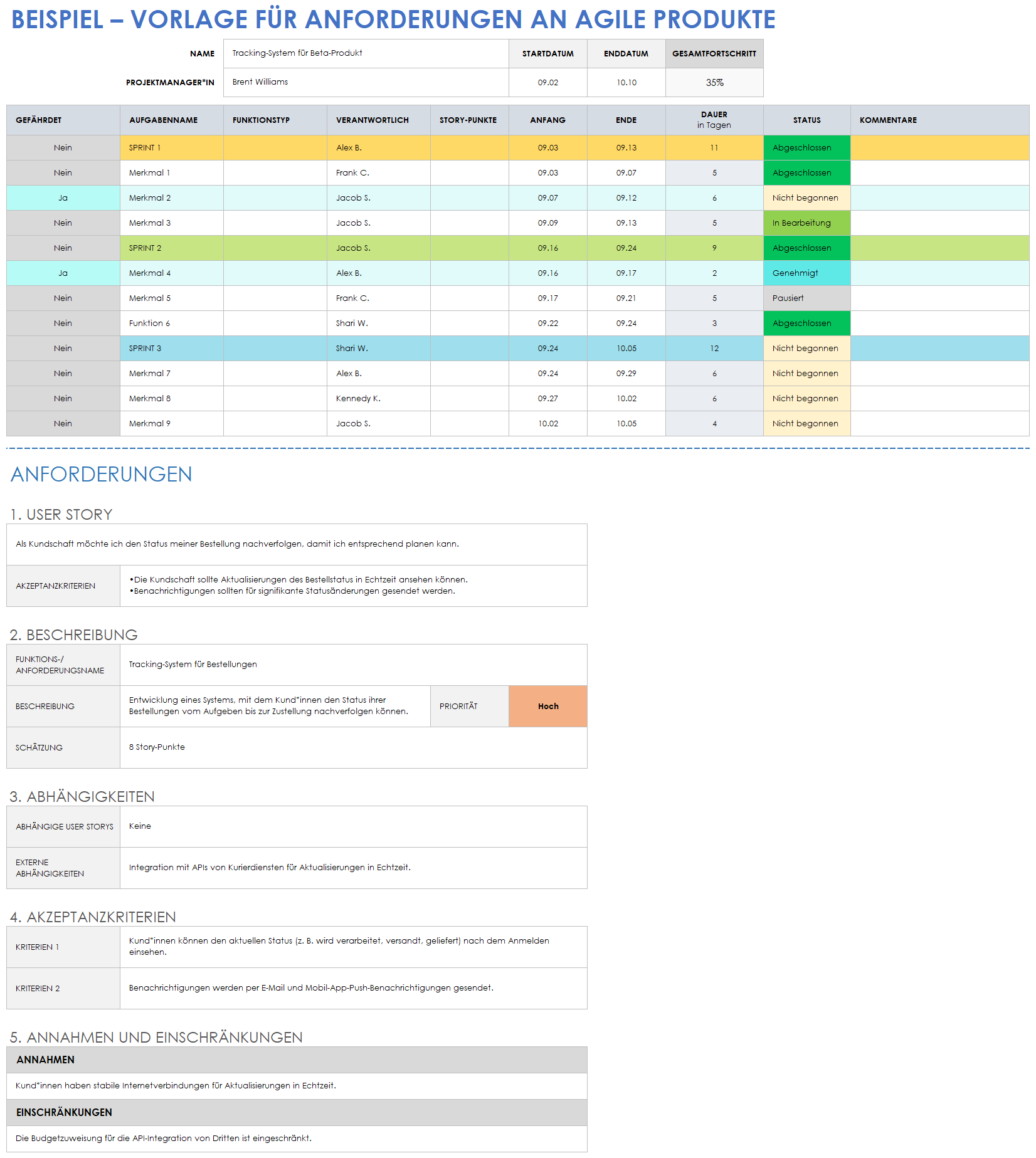 Beispielvorlage für Agile-Produktanforderungen