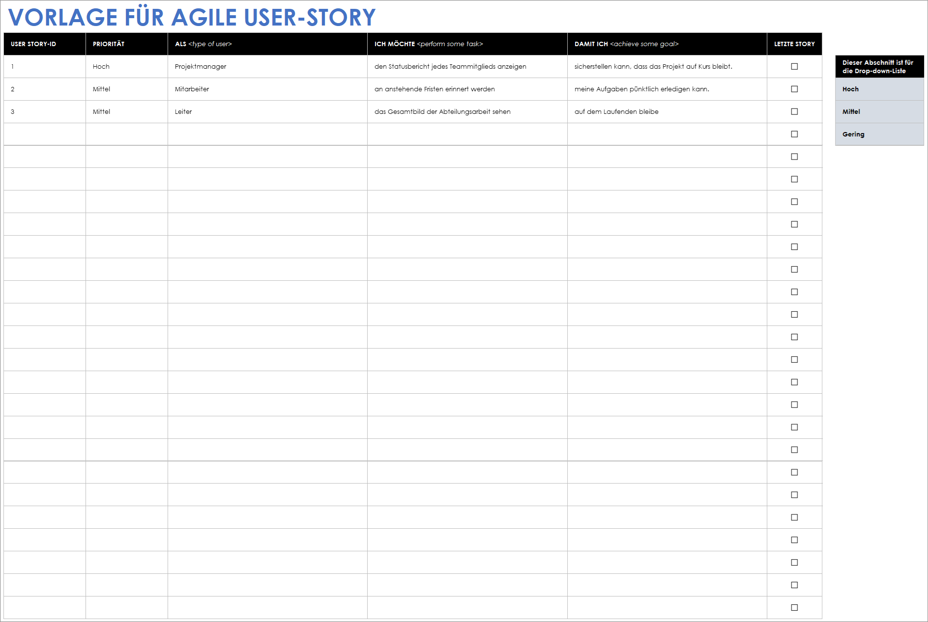 Agile User Story-Vorlage