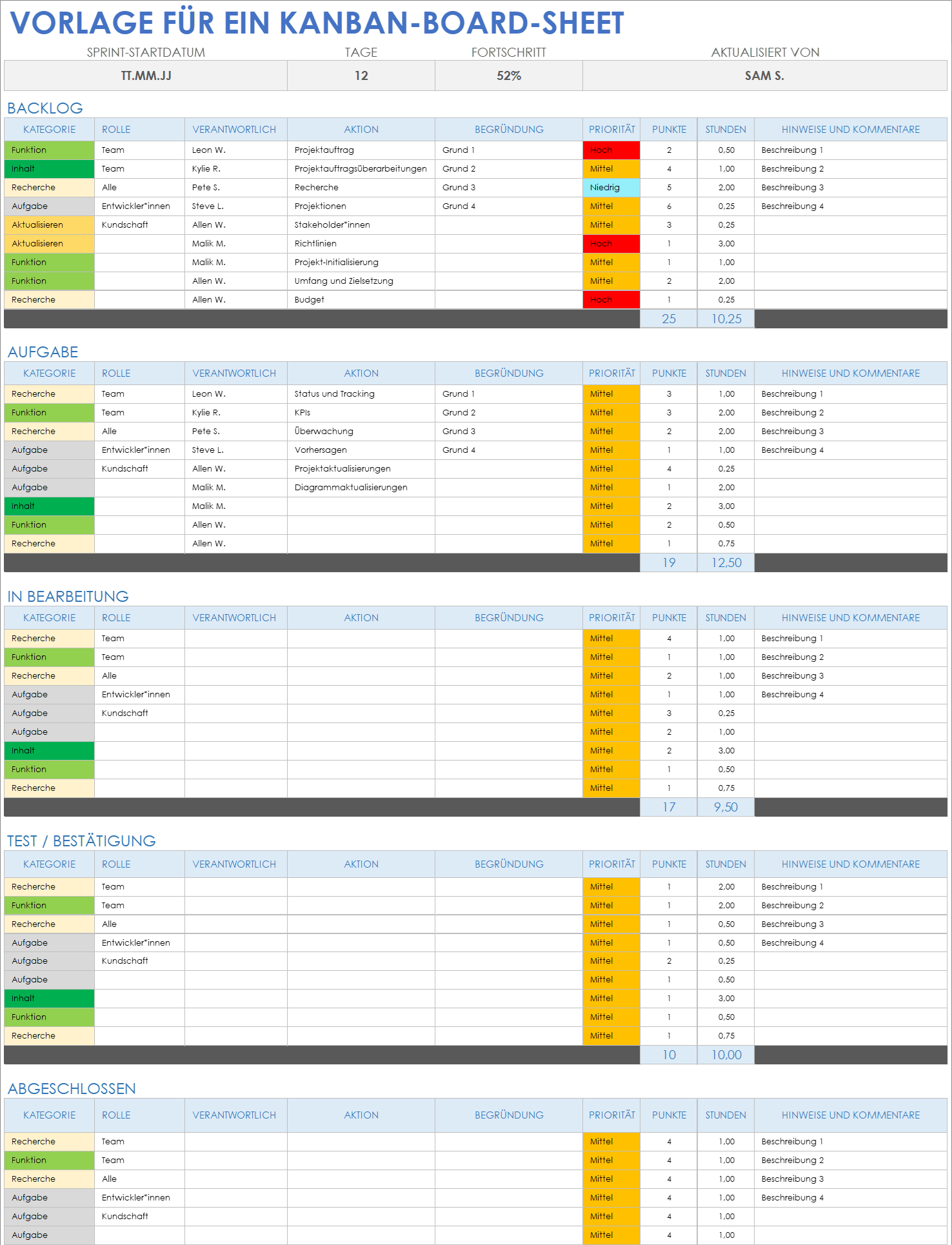 Kanban Board-Tabellenvorlage