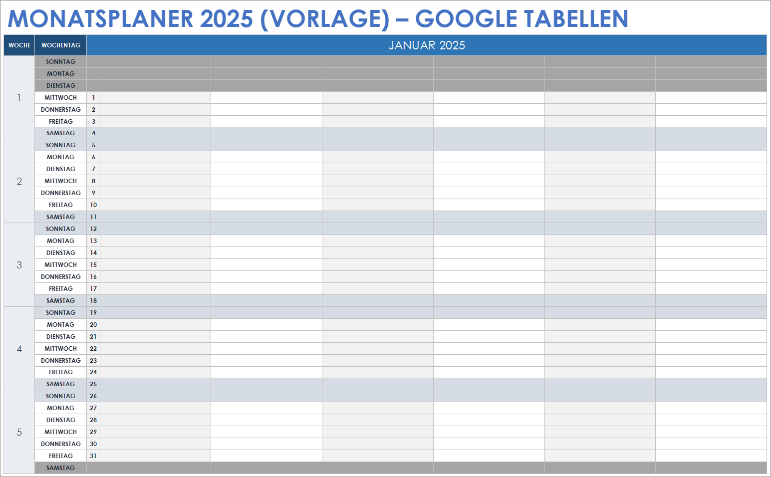 Google-Tabellen-Vorlage für einen Monatsplaner für 2025