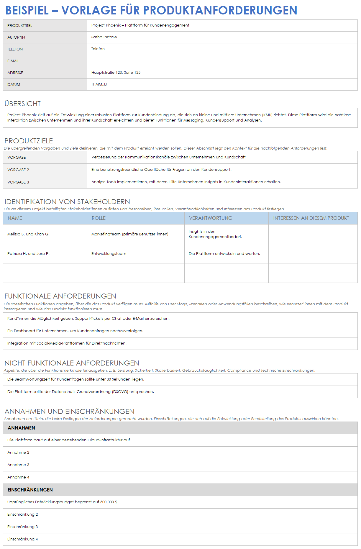 Beispielvorlage für Produktanforderungen