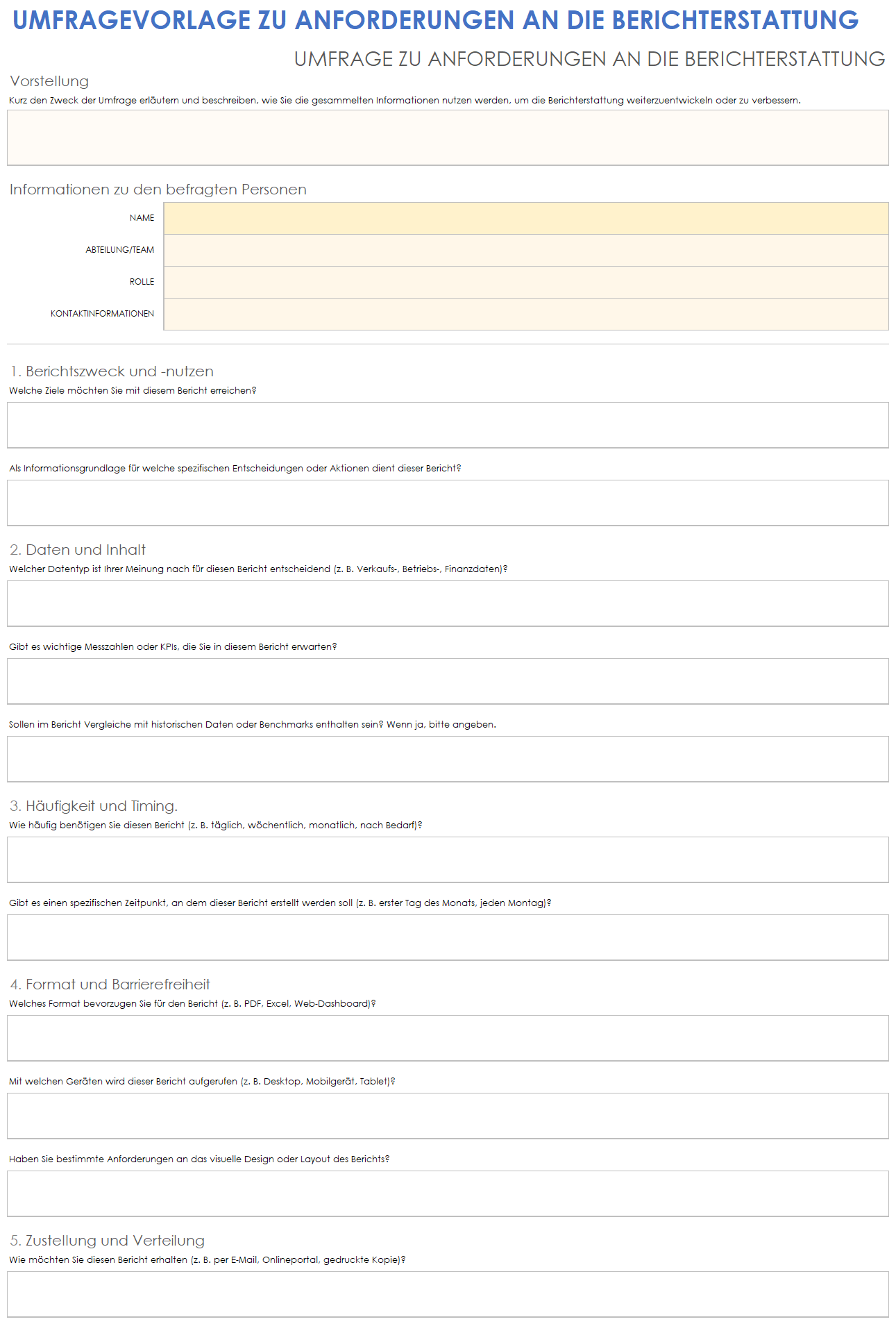 Vorlage für die Erhebung von Berichtsanforderungen