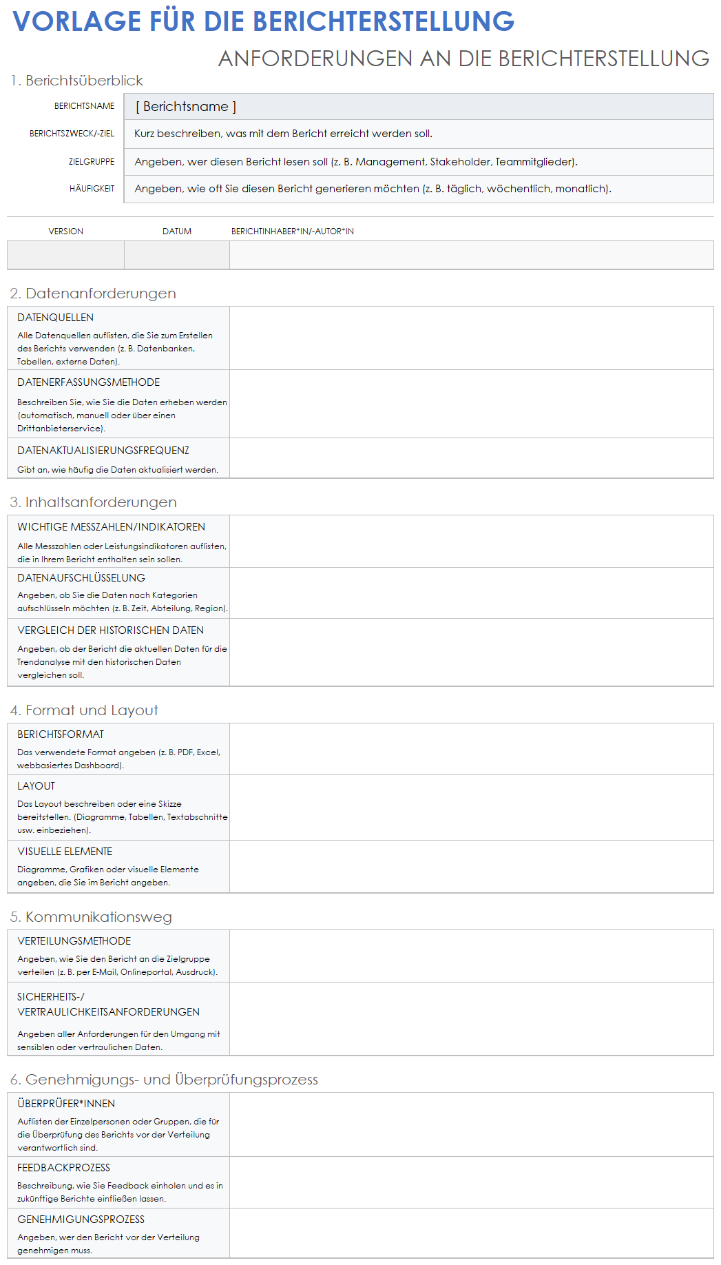 Vorlagen für Berichtsanforderungen