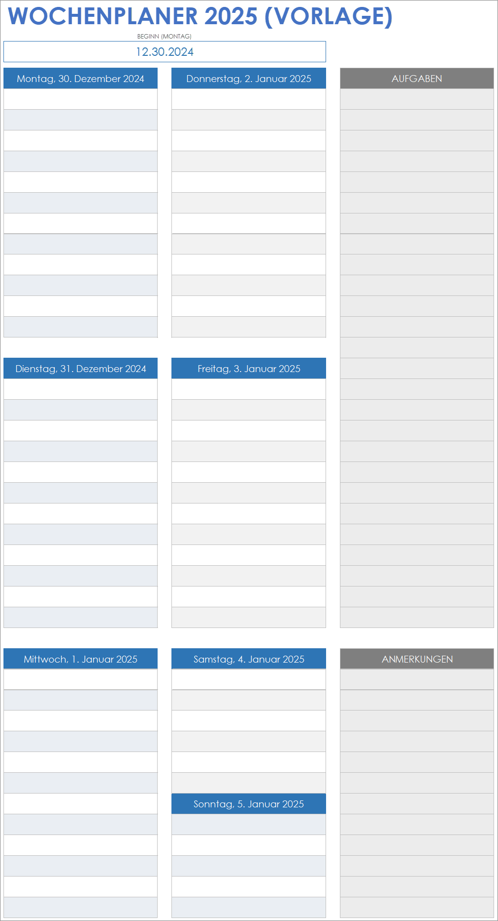Vorlage für einen Wochenplaner für 2025