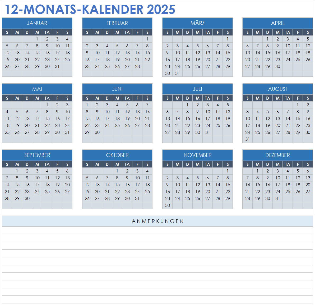 Vorlage für einen 12-Monatskalender für 2025