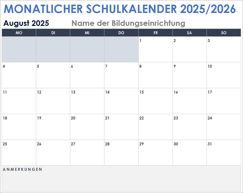 Vorlage für einen Monats-Schulkalender 2025/2026