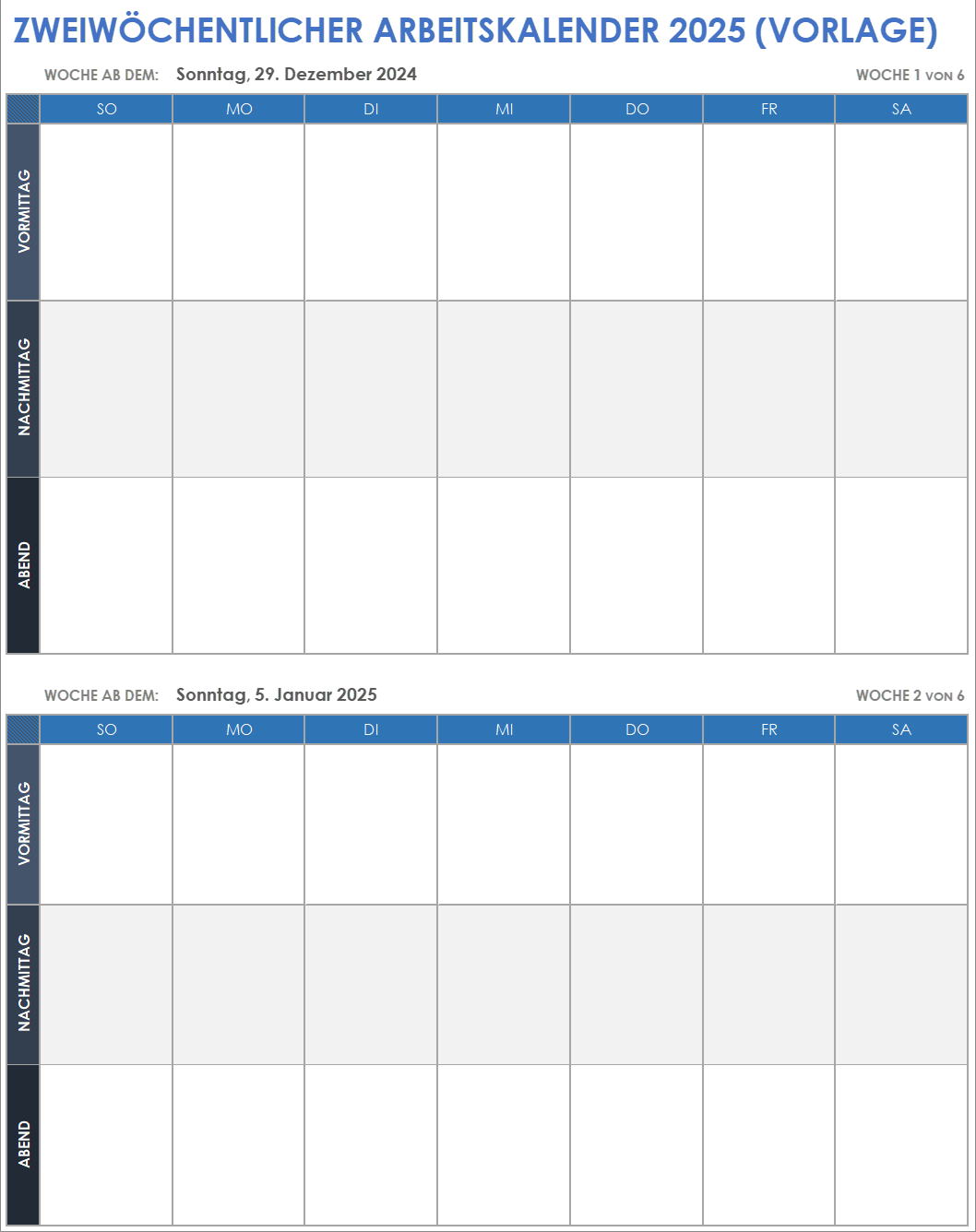 Vorlage für einen zweiwöchigen Arbeitskalender