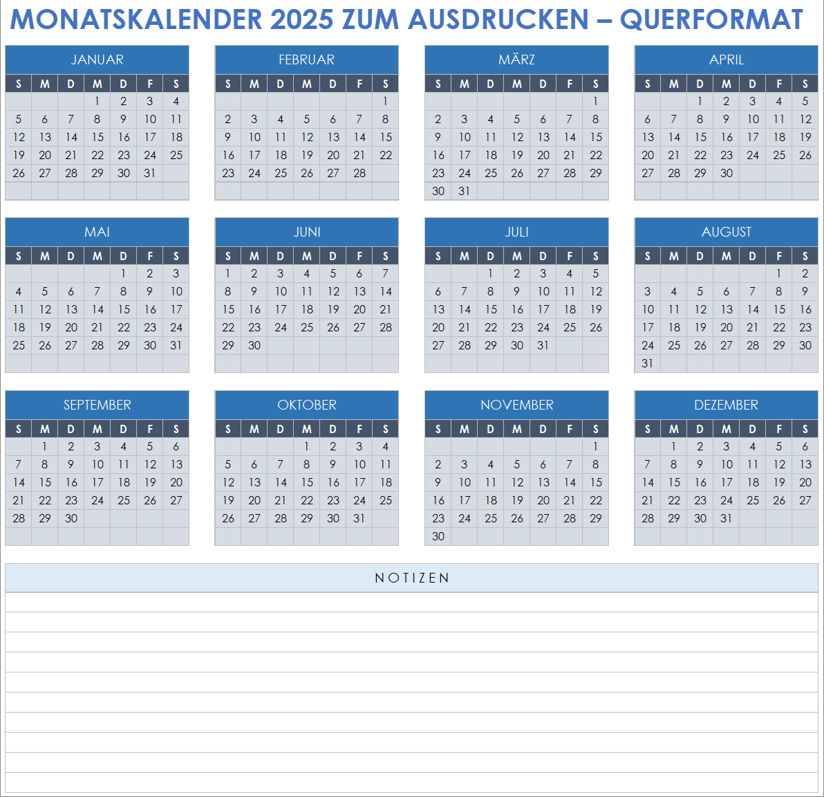 Druckbarer Monatskalender für 2025, Querformat