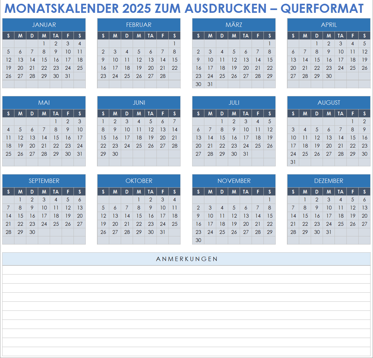 Druckbarer Monatskalender für 2025, Querformat