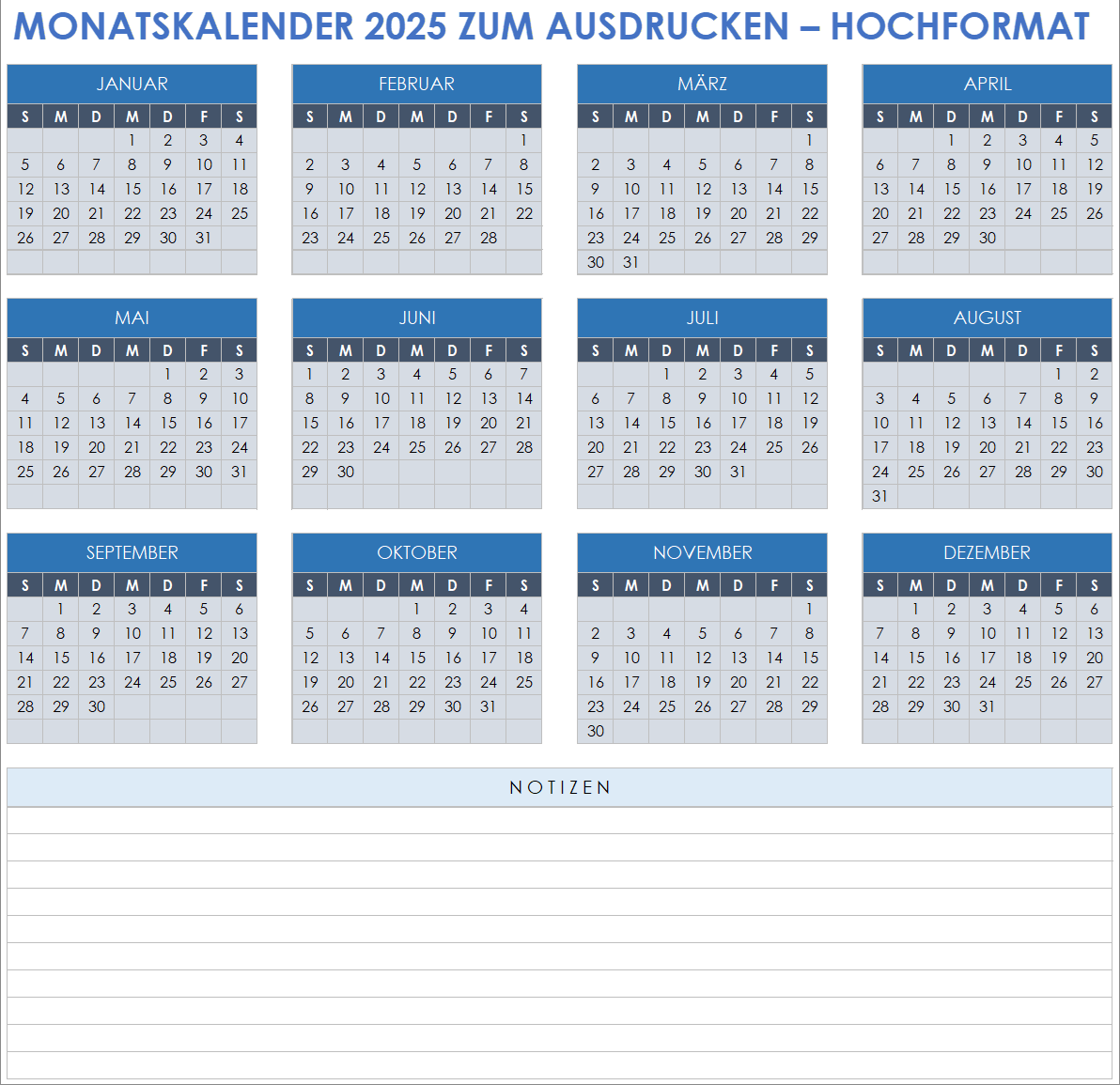 Druckbarer Monatskalender für 2025, Hochformat