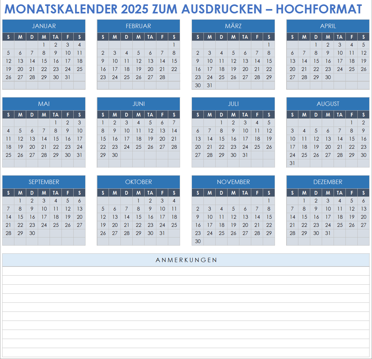 Druckbarer Monatskalender für 2025, Hochformat