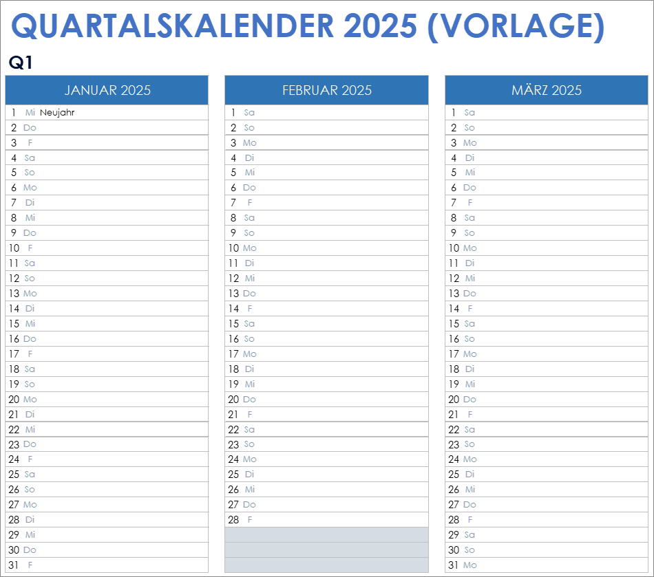 Vorlage für einen Quartalskalender für 2025