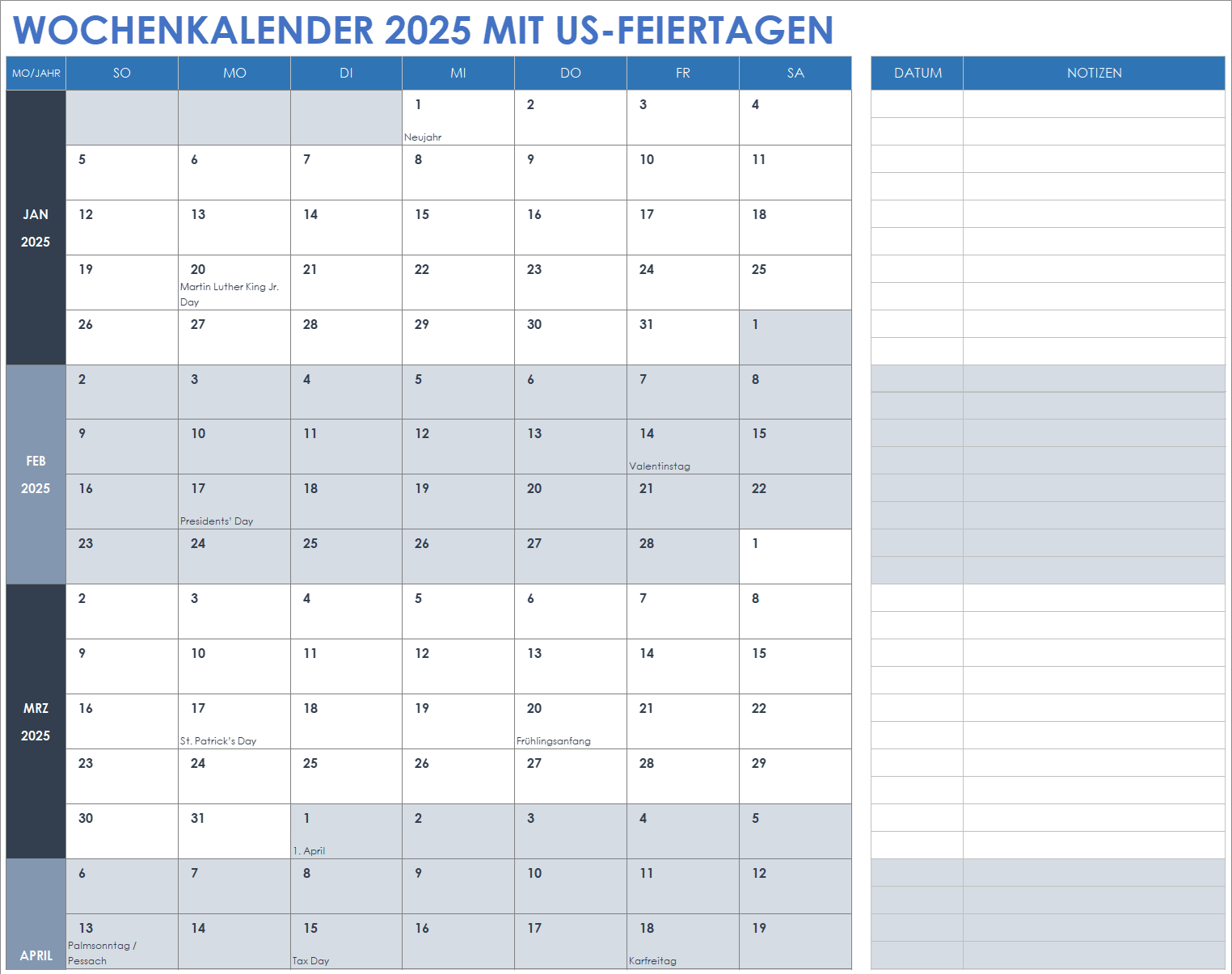 Wochenkalender für 2025 mit US-Feiertagen