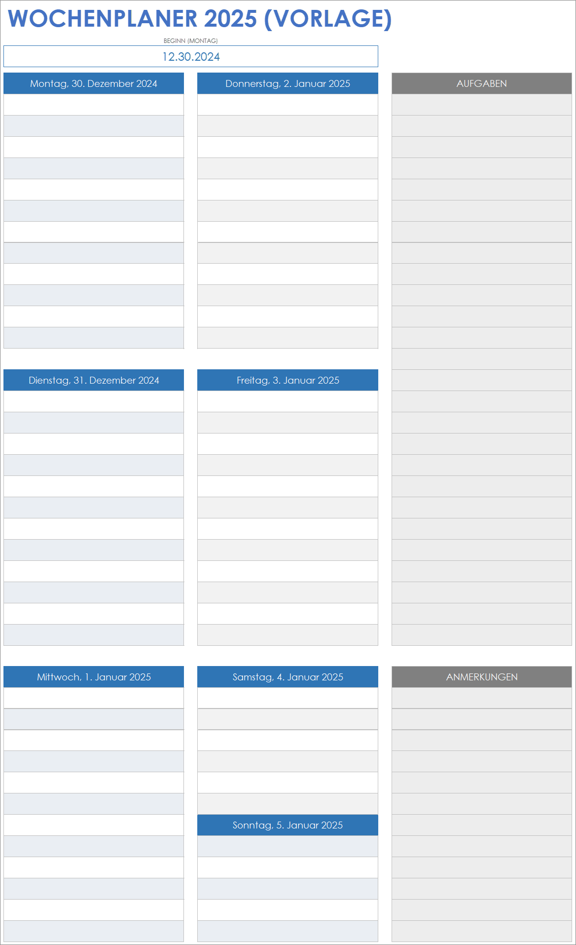 Vorlage für einen Wochenplaner für 2025