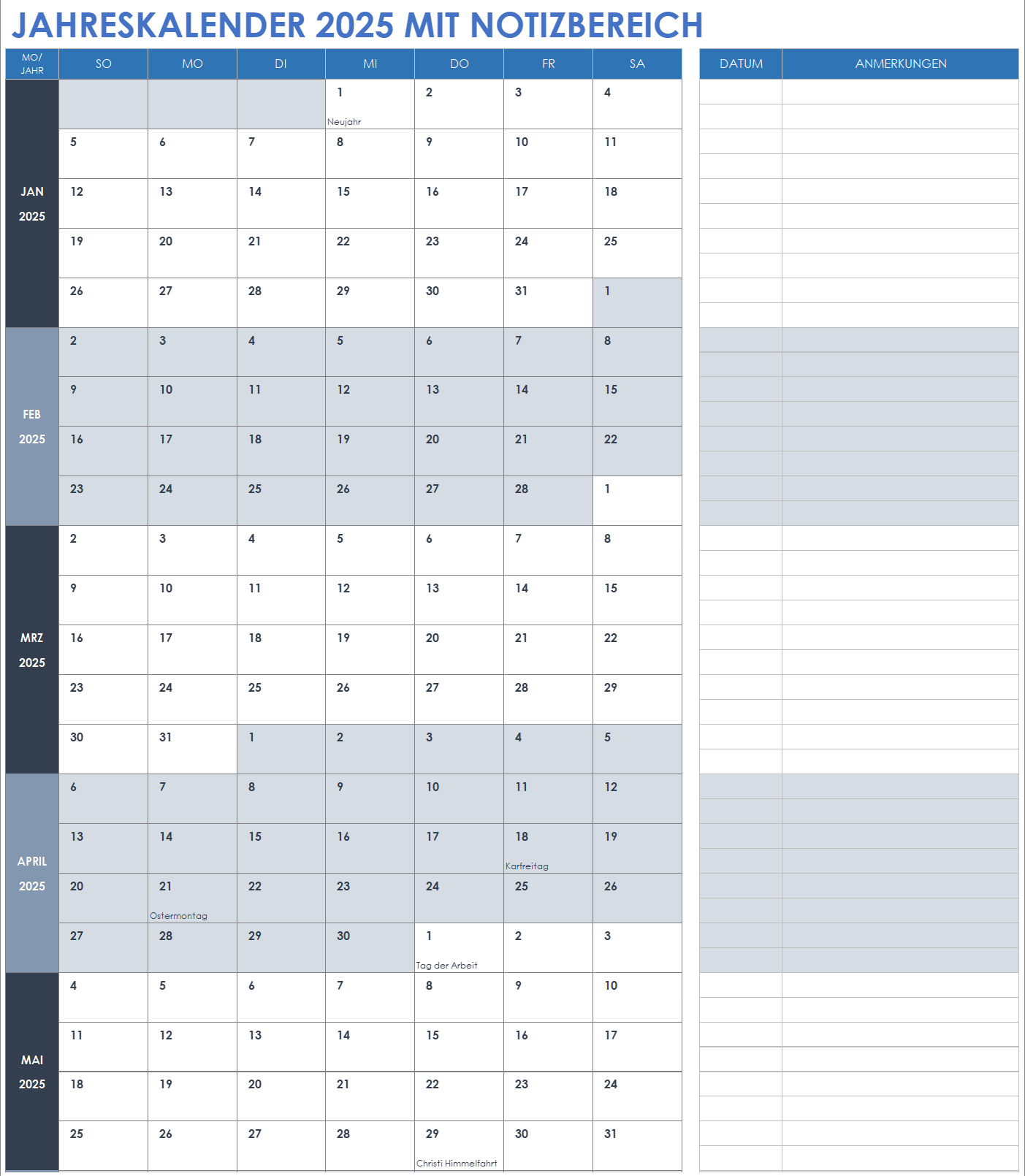 Jahreskalender für 2025 mit Notizbereich