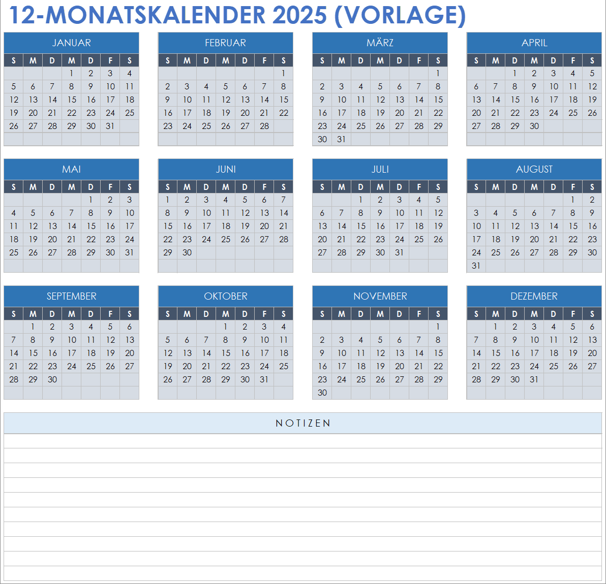 Vorlage für einen 12-Monatskalender für 2025