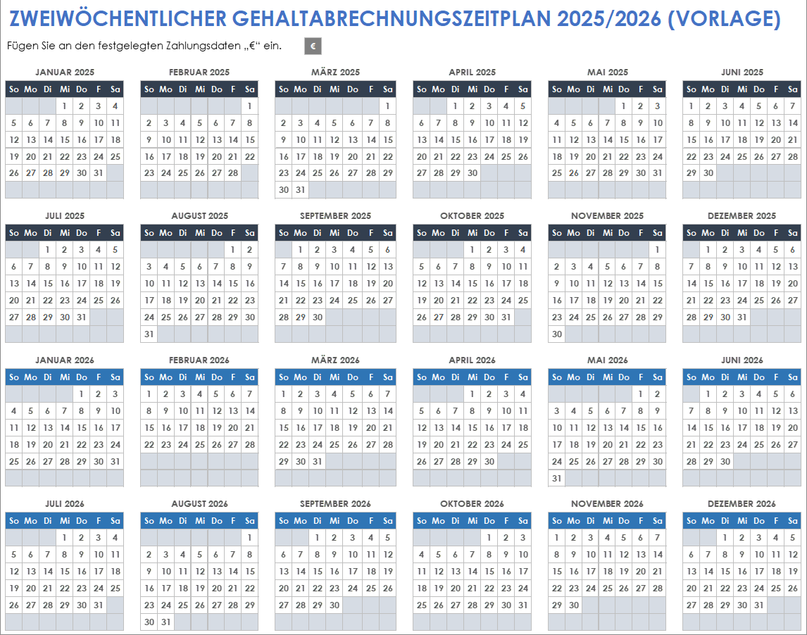 Vorlage für einen zweiwöchentlichen Gehaltsabrechnungszeitplan (2025/2026)