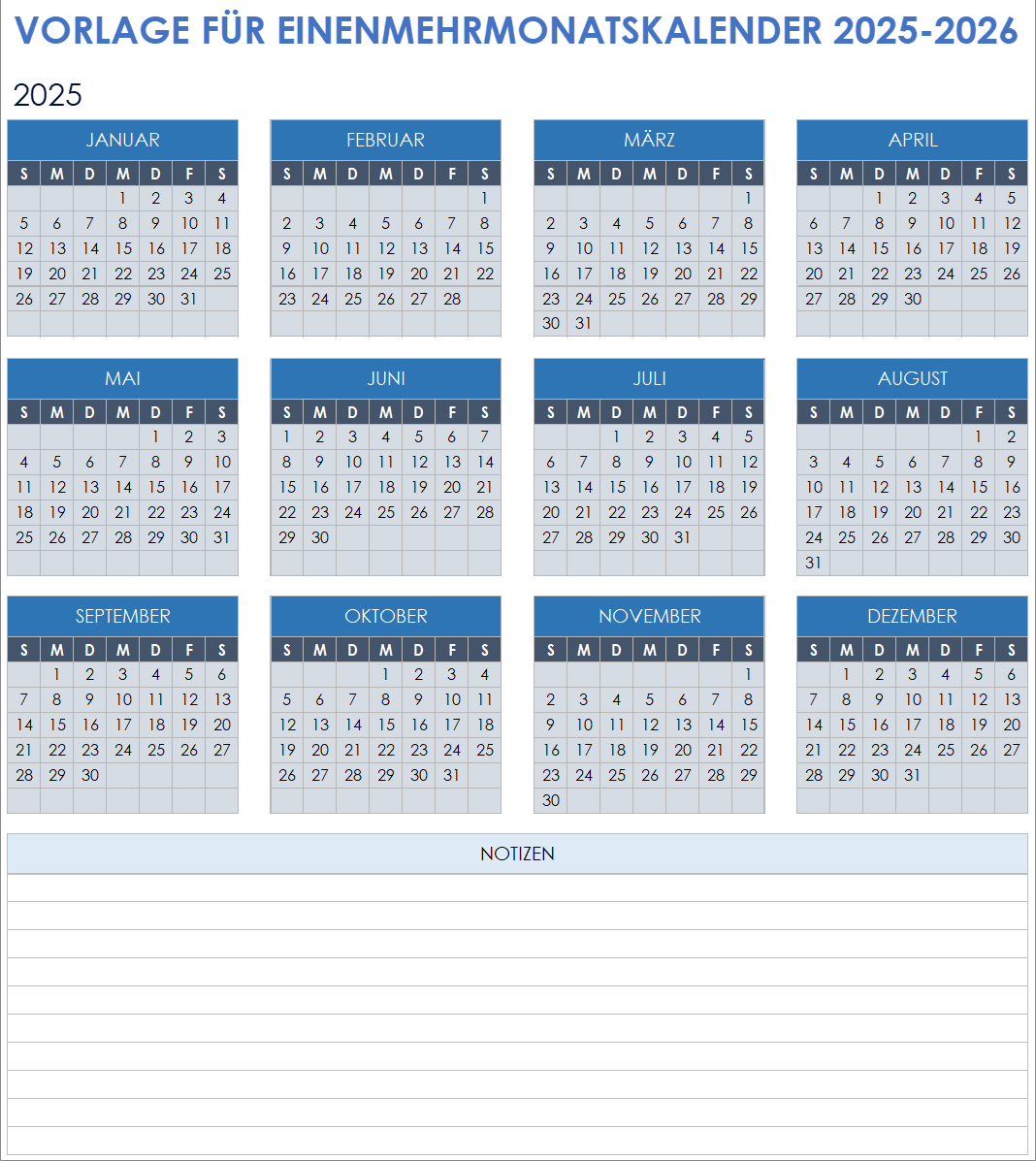 Mehrmonatskalendervorlage für 2025–2026