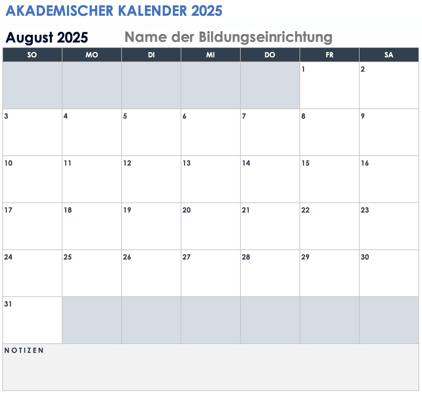 Vorlage für einen akademischen Kalender für 2025