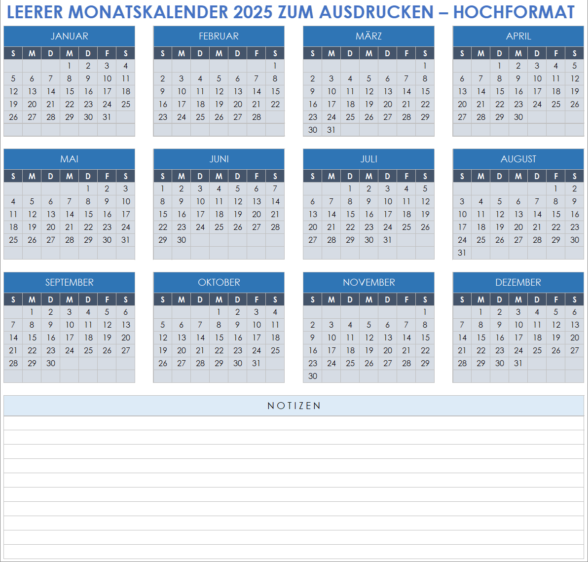 Leerer, druckbarer Monatskalender für 2025 (Hochformat)