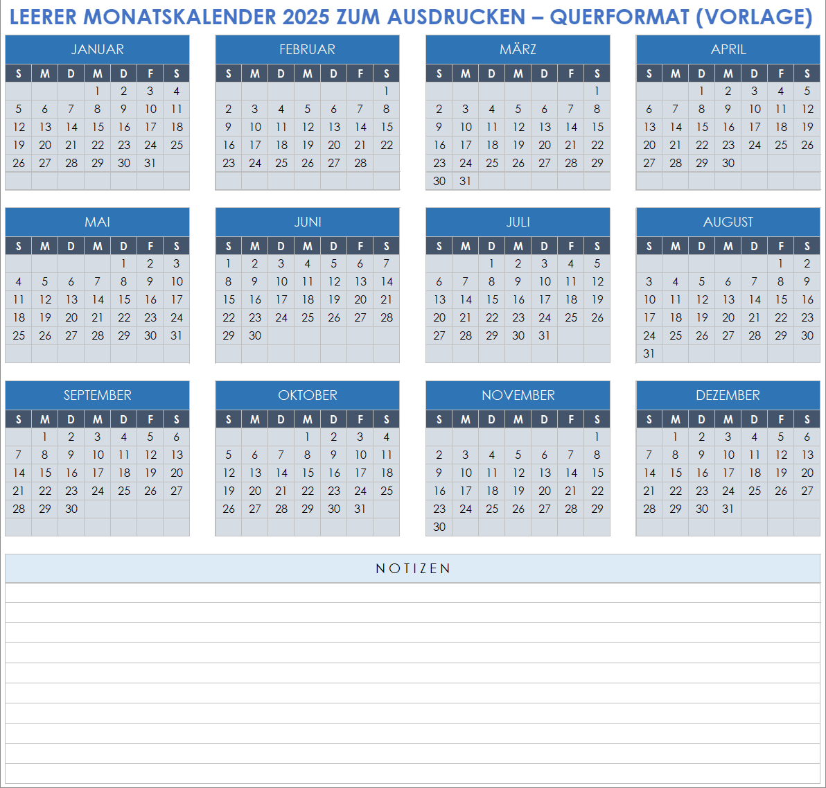 Vorlage für einen leeren, druckbaren Monatskalender für 2025 (Querformat)