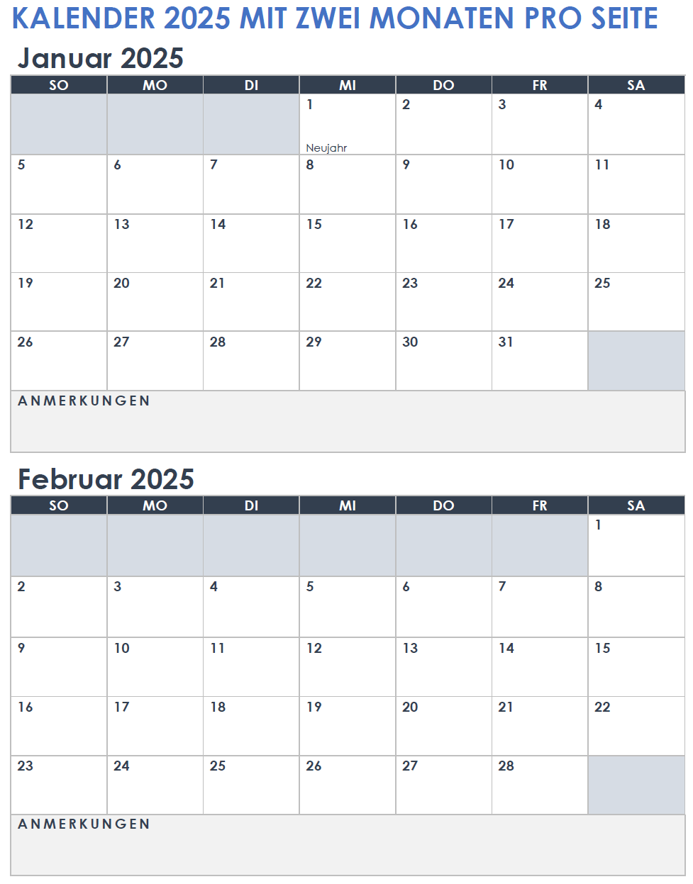 Kalender mit zwei Monaten pro Seite für 2025