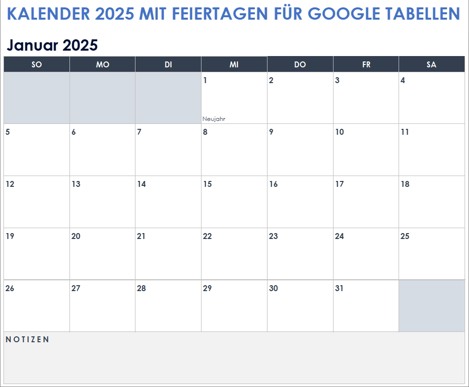 Kalender 2025 mit Feiertagen für Google Sheets