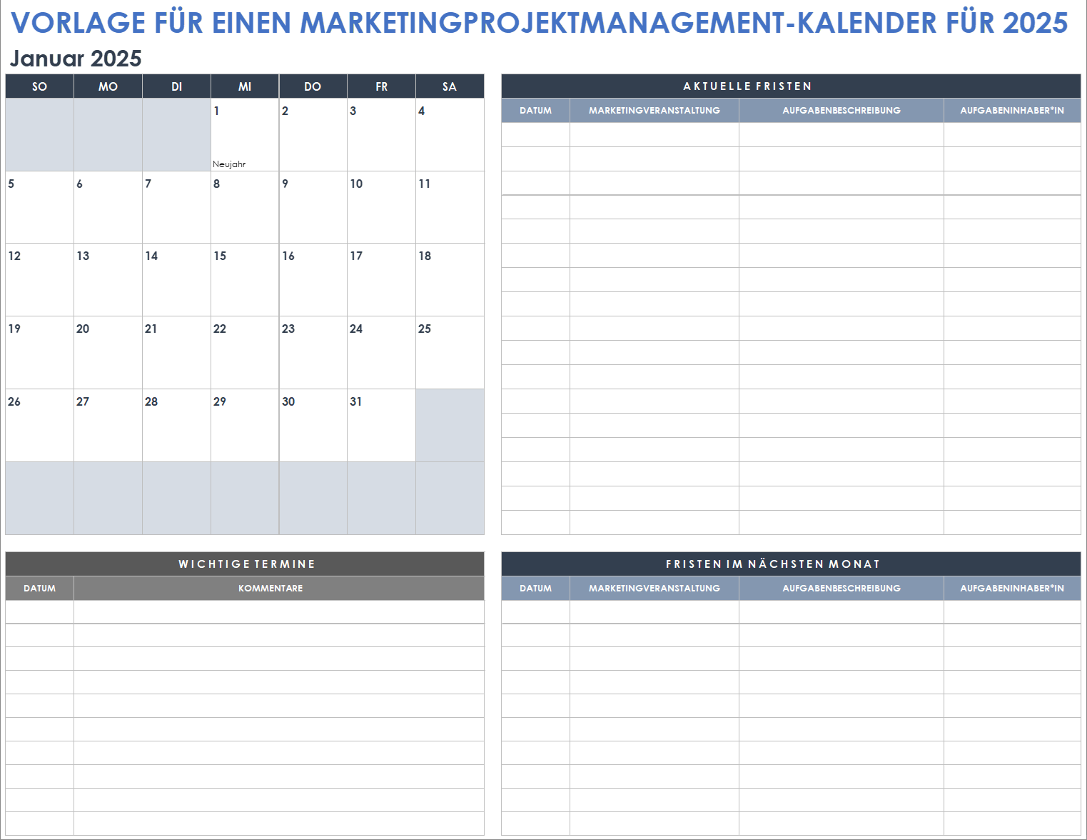 Vorlage für einen Marketingprojektmanagement-Kalender für 2025