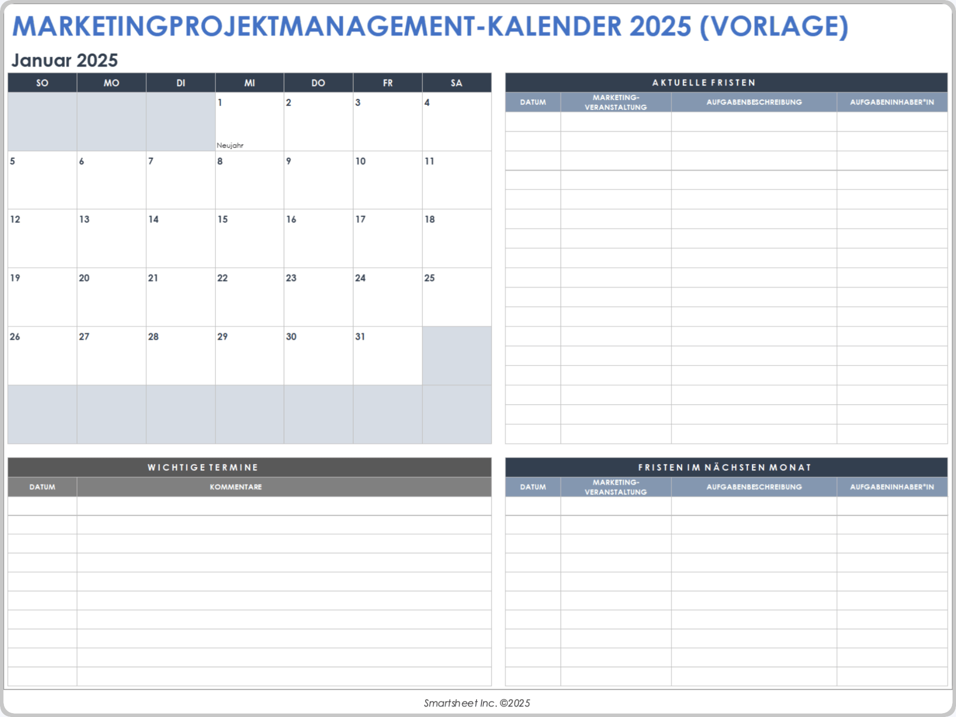 Vorlage für einen Marketingprojektmanagement-Kalender für 2025