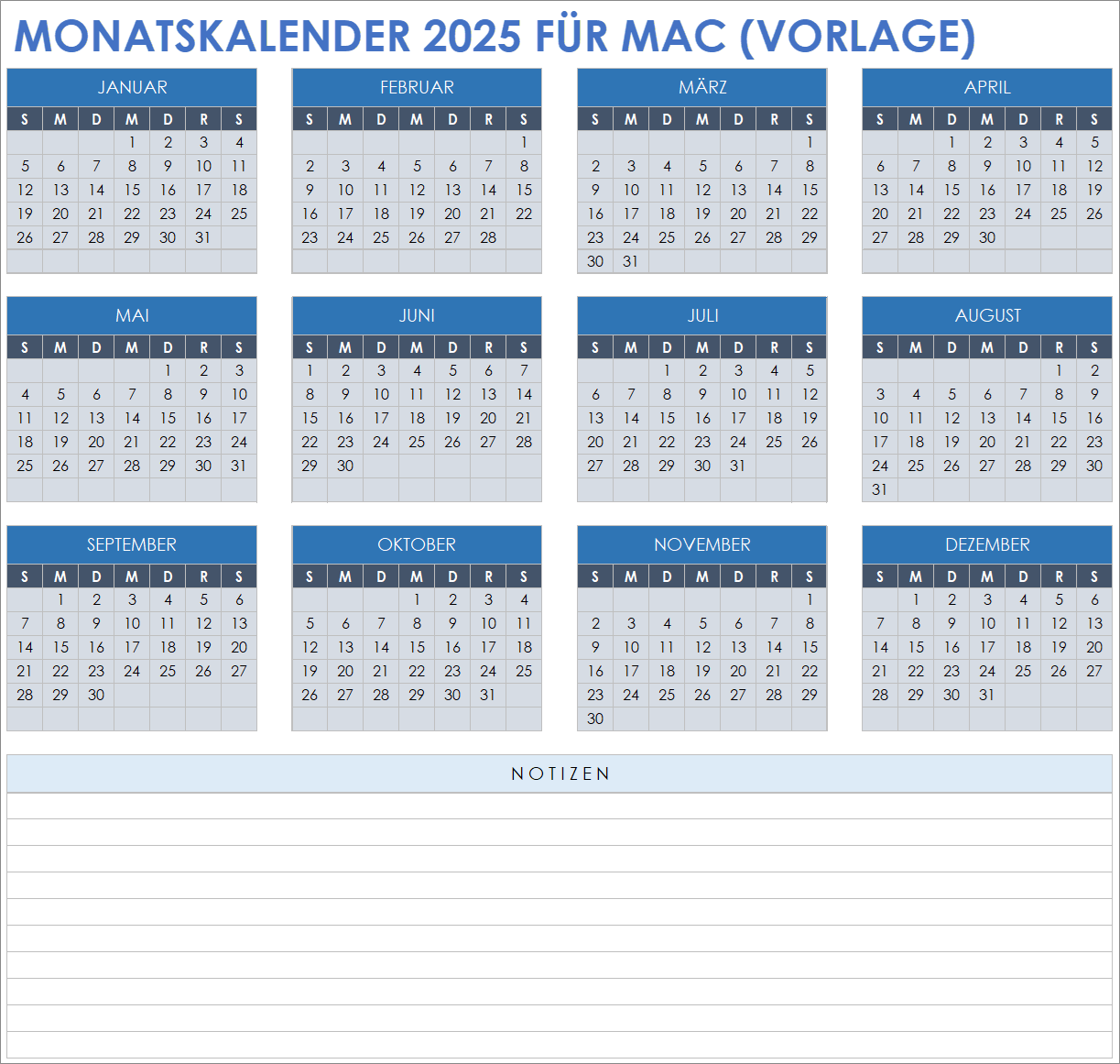 Vorlage für einen Monatskalender 2025 für Mac