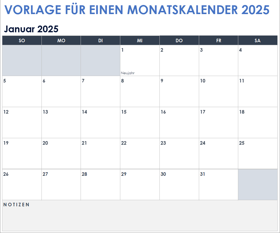 Vorlage für einen Monatskalender 2025