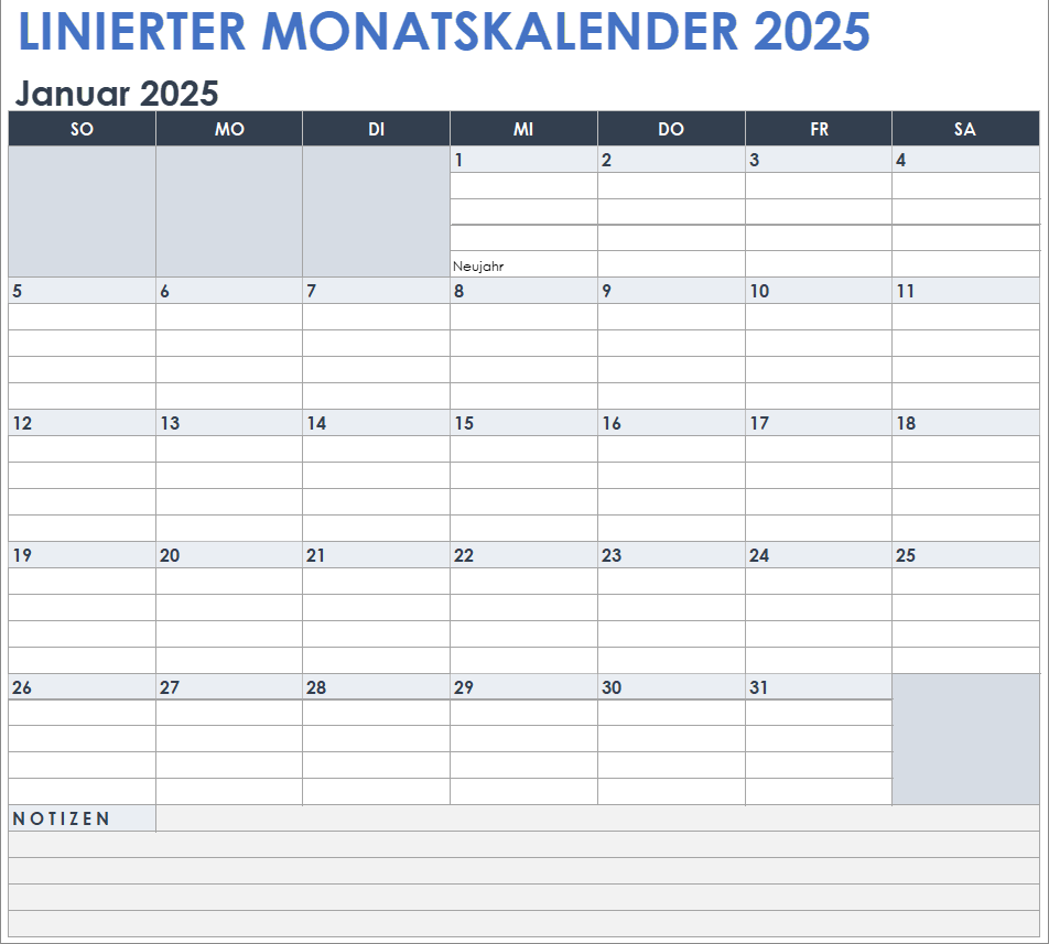 Linierter Monatskalender 2025