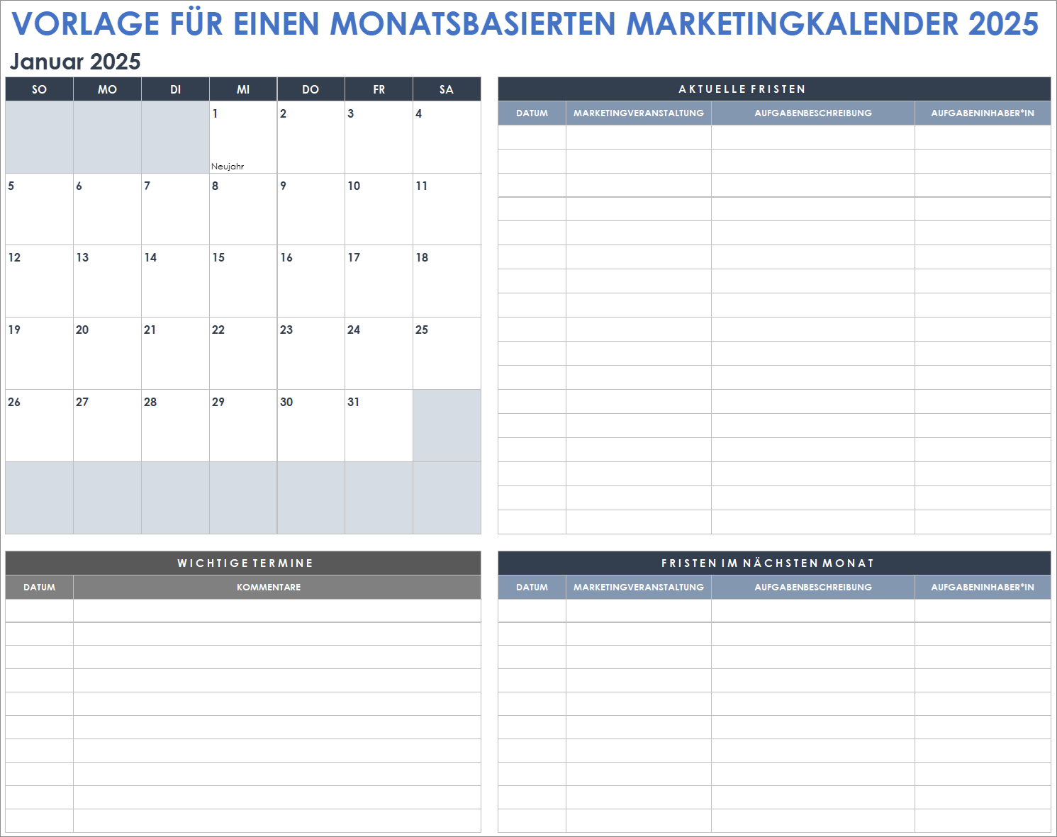 Vorlage für einen monatsbasierten Marketingkalender 2025