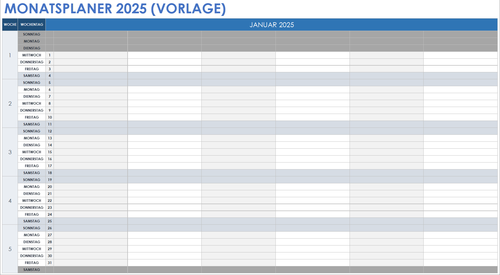 Vorlage für einen Monatsplaner für 2025