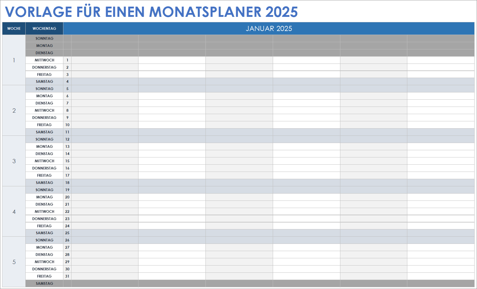 Monatsplaner-Vorlage 2025 für Google Sheets